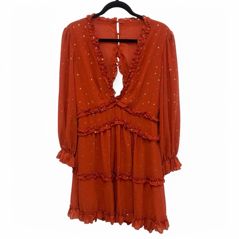 Women’s Long Sleeve Ruffle Tiered Dress in Rust Orange